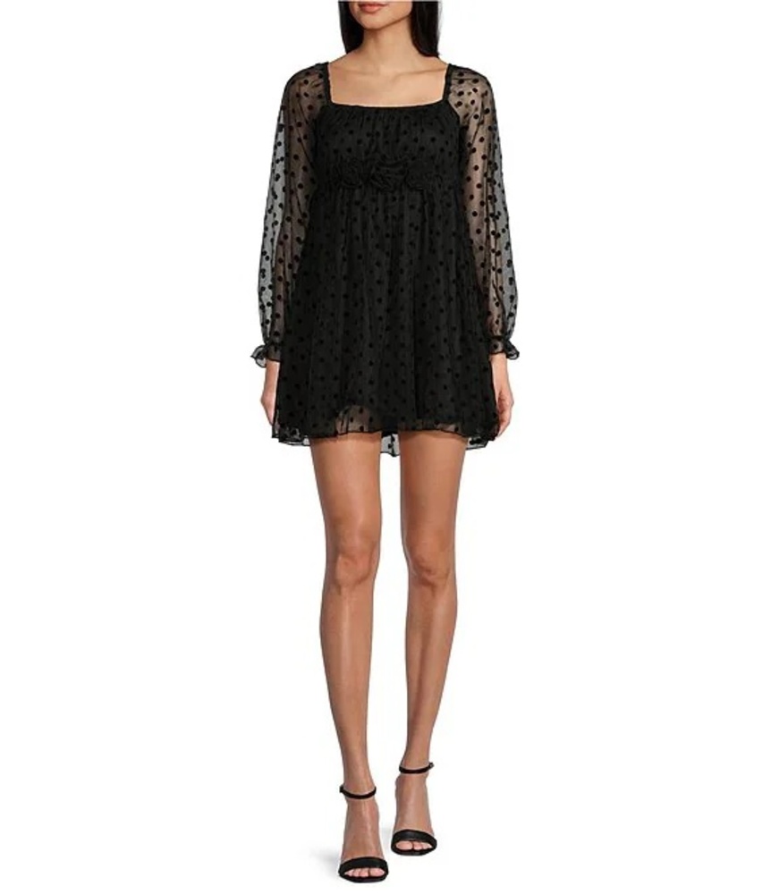 NWT Allison + Kelly Black Long Sleeve Polka Dot Mesh Mini Dress XS